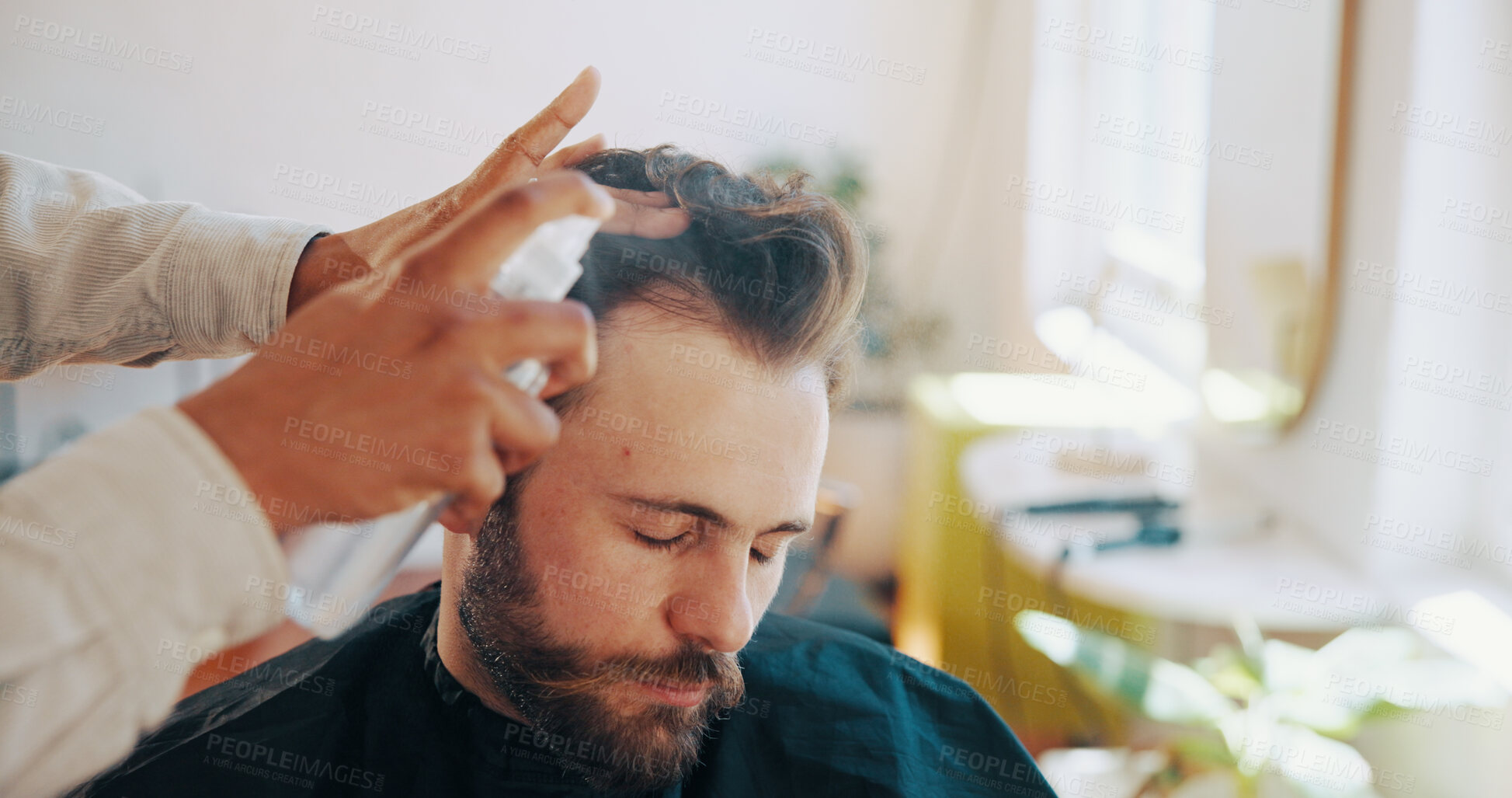 Buy stock photo Hands, barber and spray for hairstyle, product and serum with grooming services at small business. People, client and customer experience at shop, bottle or liquid for hair care benefits at salon