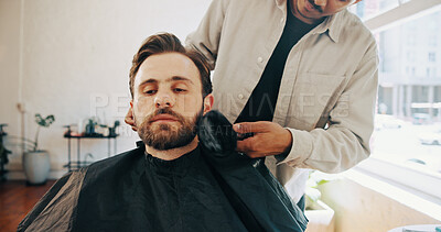 Buy stock photo Hairdresser, barber and man with customer in chair for grooming, haircut and trim for beard service. Hair salon, appointment and people with tools for styling, shave and treatment in barbershop