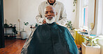 Senior man, portrait and barber with preparation for haircut, grooming or styling in beauty parlor. Elderly, male person or customer with hairdresser or stylist for beard cut or trim in barbershop