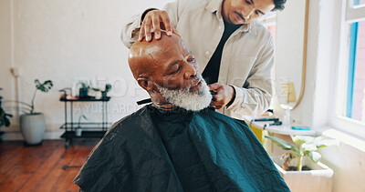 Buy stock photo Hairdresser, barber, and man with mature customer in chair for grooming, haircut and trim beard. Hair salon, appointment and people with tools for styling, shave and treatment in barbershop service