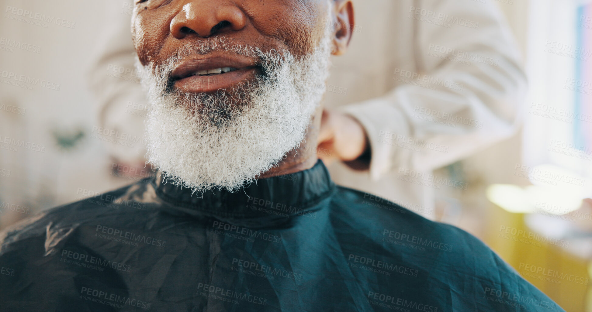 Buy stock photo Barber, hands and client beard with cape for grooming service, start makeover and styling appointment. People, mature customer and consultation in salon with facial hair trim, cover and preparation.