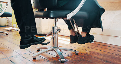Buy stock photo Chair, feet and service with people in hairdresser for consulting or small business startup. Adjustment, height or foot pump and barber with customer in hair salon for appointment or treatment