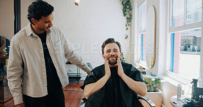 Buy stock photo Man, barber and results for client with beard, smile or grooming services for change at salon. People, hairdresser and discussion with transformation, haircut and happy for conversation at barbershop