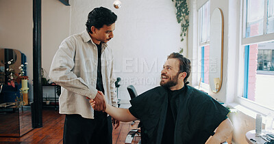 Buy stock photo Hairdresser, handshake and man with customer in barber for grooming, haircut and trim for beard service. Hair salon, appointment and people shaking hands for styling, thank you or happy in barbershop