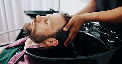 Buy stock photo Hands, man and washing hair at barbershop with hygiene, basin and grooming services at salon. People, shampoo and conditioner for growth, cleaning and benefits with customer experience at store