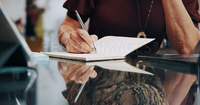 Buy stock photo Writing, notebook and hands in office with tech, calendar planning or research for startup pitch. Laptop, tablet or woman in agency with notes, schedule update or proposal ideas for small business.