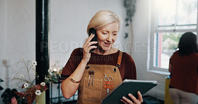Buy stock photo Mature woman, tablet and phone call at salon for booking, appointment and scroll checklist for grooming service. Person, hairdresser and talk with tech on application, smile or check schedule at shop