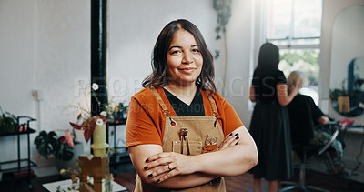 Buy stock photo Woman, portrait and smile at hairdresser with arms crossed, confidence and pride for grooming service at store. Person, entrepreneur and happy at salon, job or apron for hairstyle at beauty parlor