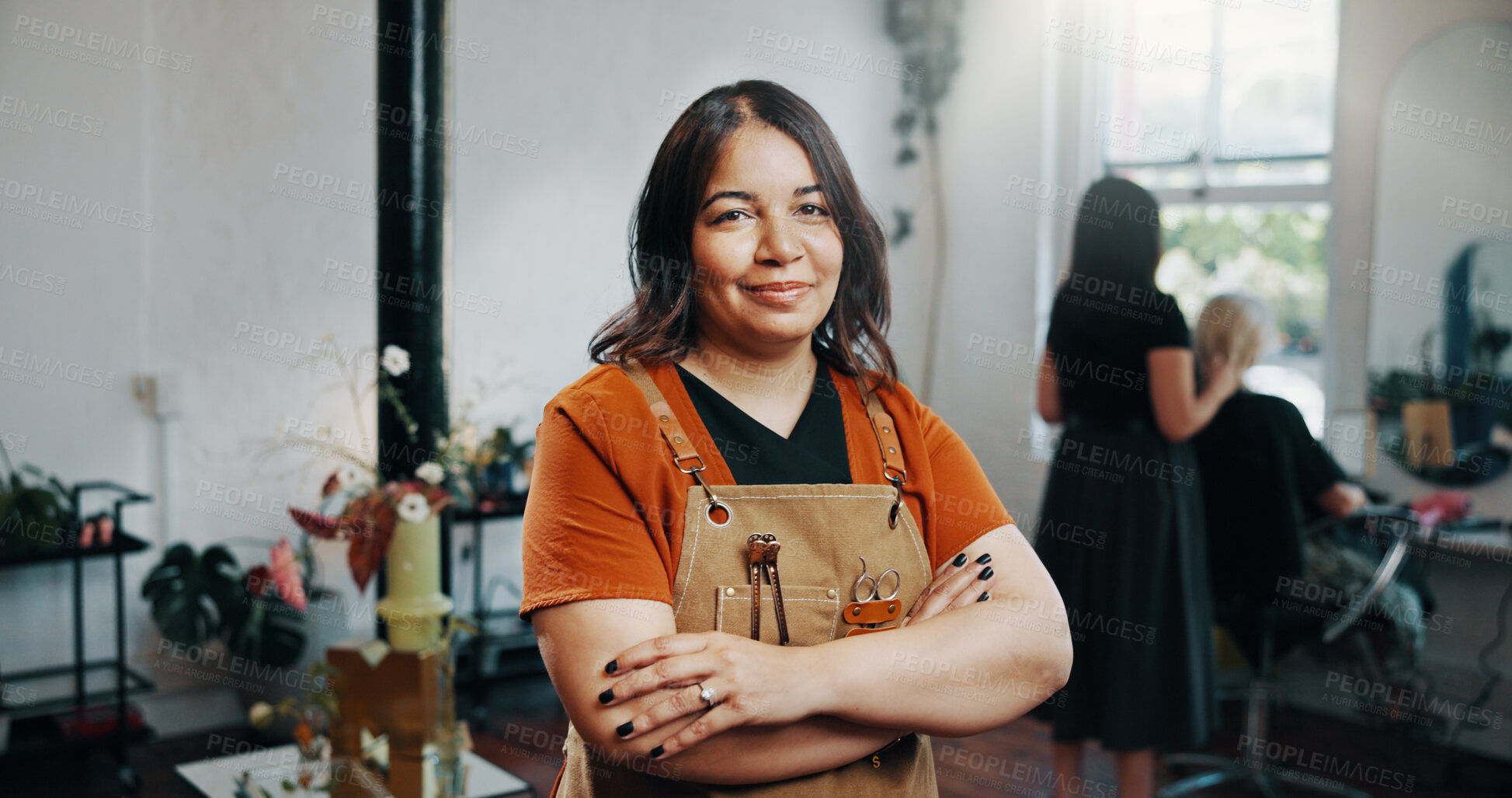 Buy stock photo Woman, portrait and smile at hairdresser with arms crossed, confidence and pride for grooming service at store. Person, entrepreneur and happy at salon, job or apron for hairstyle at beauty parlor