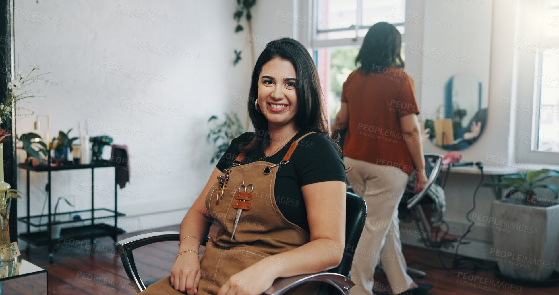 Buy stock photo Woman, portrait and smile at hairdresser with job, confidence and career with grooming service at stores. Person, entrepreneur and happy at salon, pride or apron for hairstyle at beauty parlor