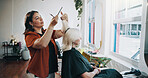 Haircut, scissors and styling with people at salon for appointment, consulting or treatment. Service, trim and window with hair stylist and mature customer in boutique for maintenance or restoration