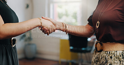 Buy stock photo Women, handshake and hairdresser in small business, recruitment or career opportunity in salon. People, employer and shaking hands with candidate for hiring, onboarding or  thank you in beauty parlor