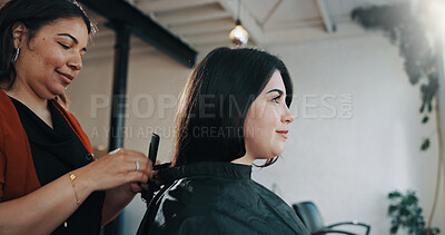 Buy stock photo Haircut, preparation and hairdresser in salon with cover, hair removal or trim routine in small business. Grooming, start or women in studio with cape, cutting or customer styling in beauty shop.