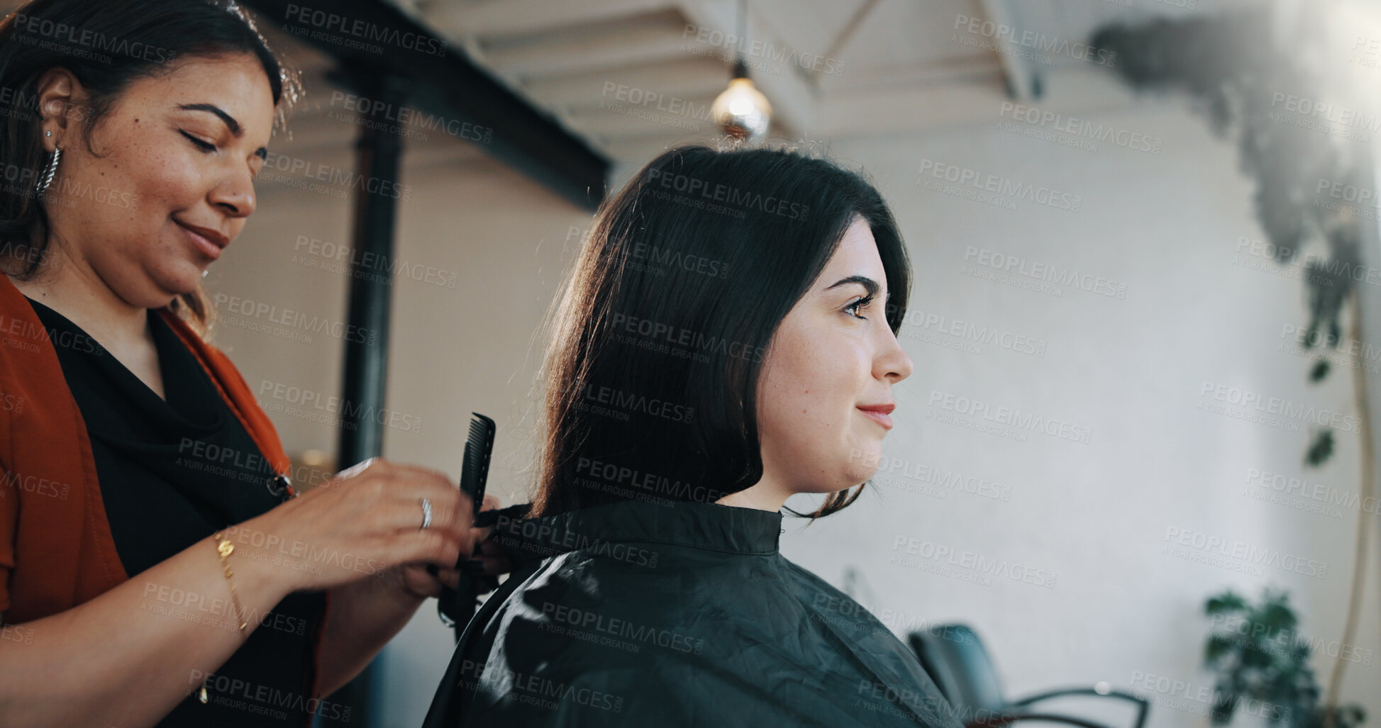Buy stock photo Haircut, preparation and hairdresser in salon with cover, hair removal or trim routine in small business. Grooming, start or women in studio with cape, cutting or customer styling in beauty shop.