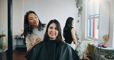 Buy stock photo Check, smile and styling with people at hairdresser for appointment, consulting or treatment. Cut, satisfaction or service and portrait of happy client with hair stylist in salon for maintenance