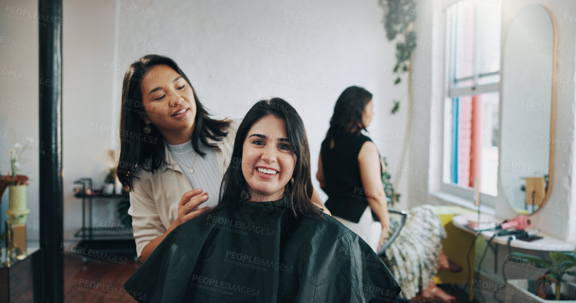 Buy stock photo Check, smile and styling with people at hairdresser for appointment, consulting or treatment. Cut, satisfaction or service and portrait of happy client with hair stylist in salon for maintenance