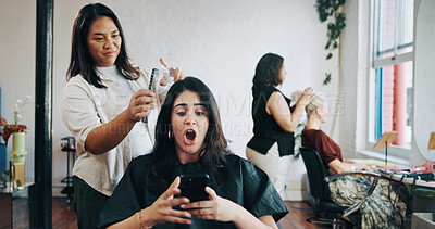 Buy stock photo Woman, hairdresser and wow with phone, spray or talk for trim, texting or shock at salon. People, smartphone and customer with surprise notification on mobile app, social media or hairstyle at shop