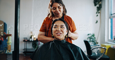 Buy stock photo Beauty, haircare and styling with people at hairdresser for appointment, consulting or treatment. Check, conversation or service with customer and hair stylist in salon for grooming or maintenance