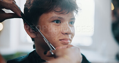 Buy stock photo Hand, hairdresser and scissor with child at salon for haircut, remove split ends and grooming. Person, tools or kid for fresh trim, hair maintenance and comb, cutting technique and haircare treatment