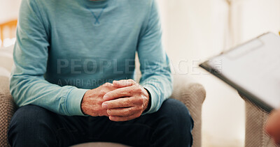 Buy stock photo Senior person, hands and clipboard with therapy session for assessment or counseling. Elderly, counsellor or therapist with exam or test for mental health, dementia or rehabilitation in clinic