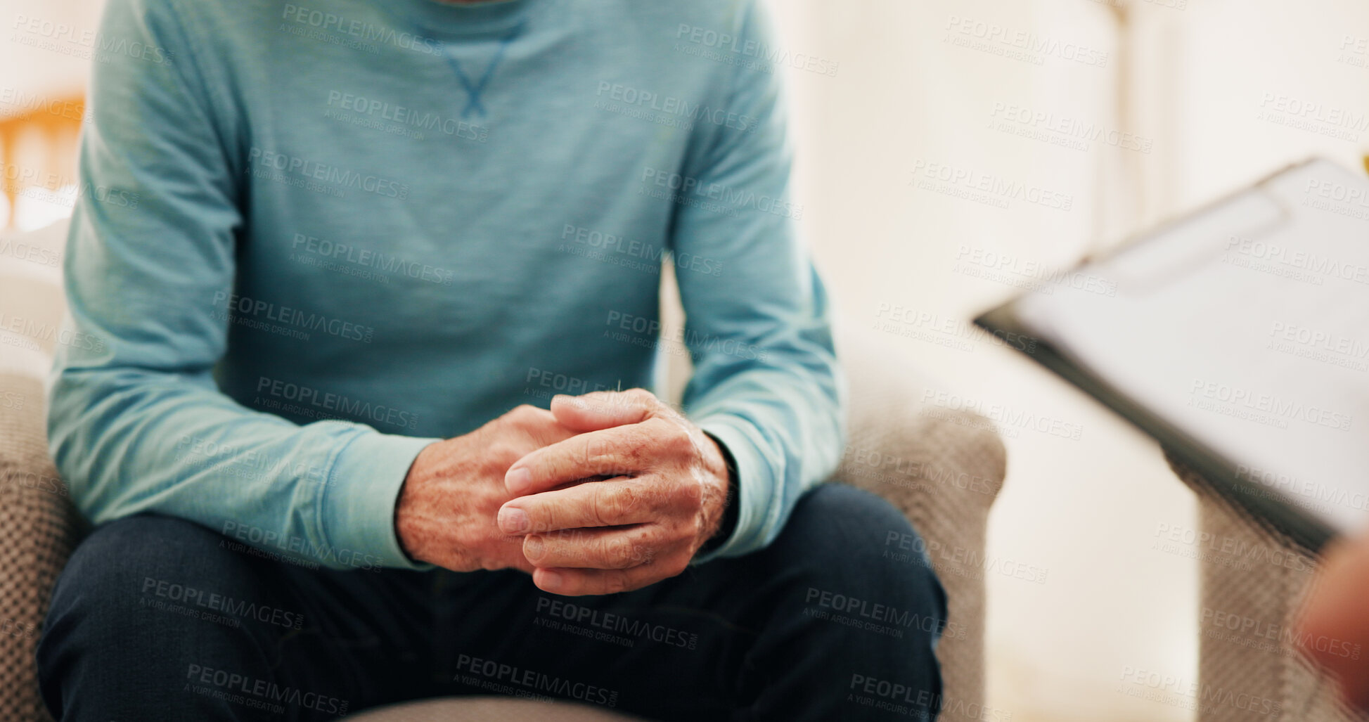 Buy stock photo Senior person, hands and clipboard with therapy session for assessment or counseling. Elderly, counsellor or therapist with exam or test for mental health, dementia or rehabilitation in clinic