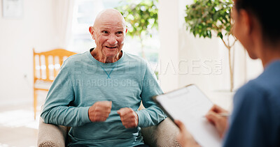 Buy stock photo Clipboard, conversation and healthcare with old man speaking to nurse in home living room. Medical, notes or report with caregiver and senior patient in apartment for consulting, feedback or review