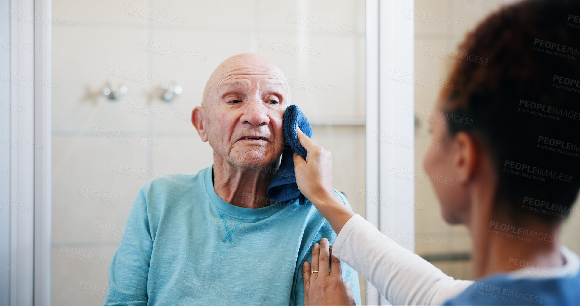 Buy stock photo Nurse, help and washing with old man in bathroom for medical support, assisted living and cleaning. Healthcare, caregiver and grooming with people in nursing home for care, hygiene and retirement