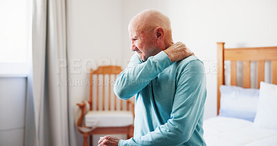 Buy stock photo Senior man, bed and shoulder with pain for fibromyalgia, muscle tension or strain in old age home. Elderly, male person or sore neck with pressure for arthritis, tendinitis or joint inflammation