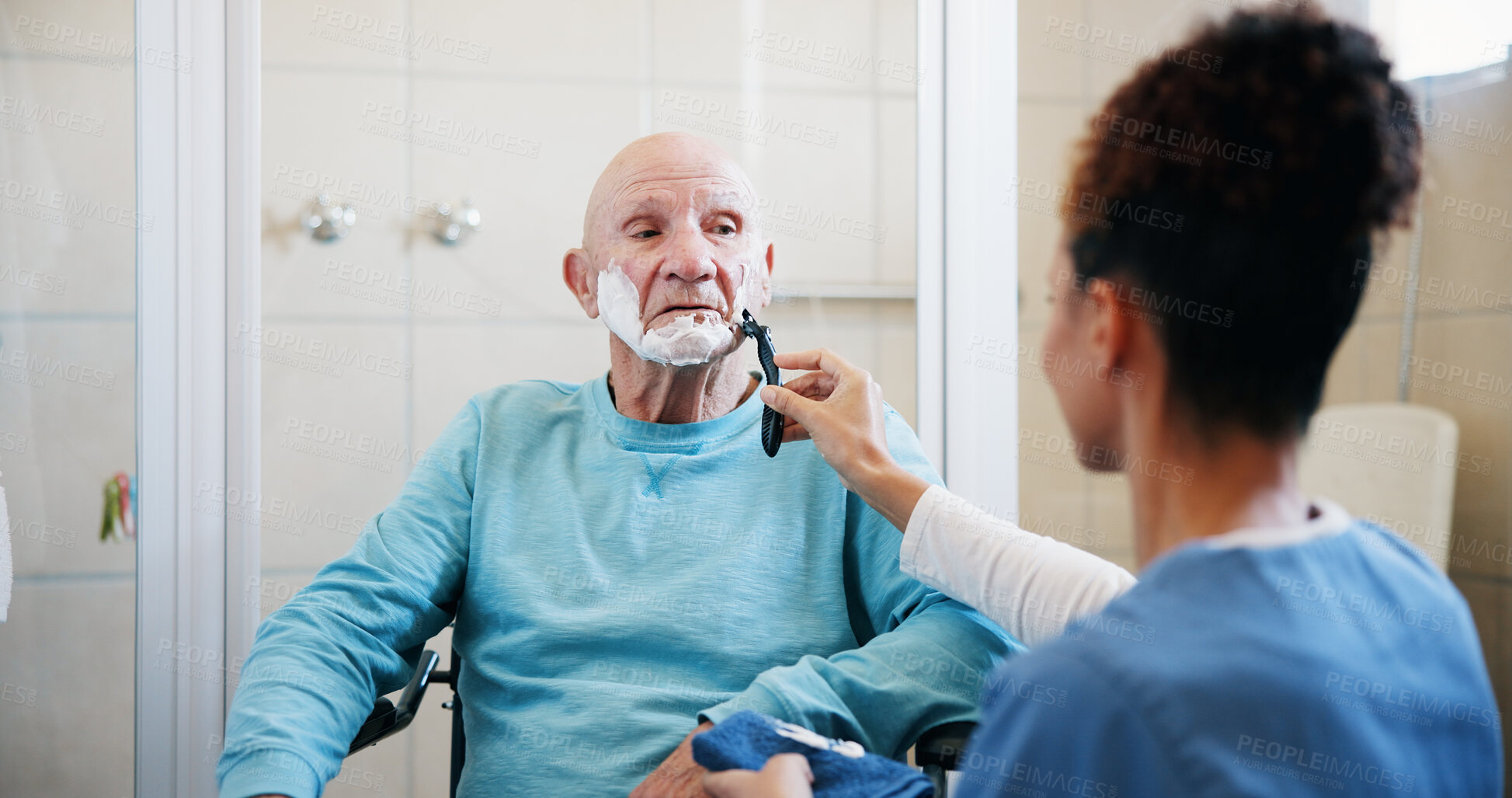 Buy stock photo Elderly man, nurse and shaving in bathroom with wheelchair, product and foam for grooming in home. People, caregiver and senior person with disability, razor or cream for facial hair removal at house