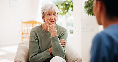 Buy stock photo Conversation, healthcare and thinking with old woman speaking to nurse in home living room. Advice, checkup and medical with caregiver and senior patient in apartment for consulting or feedback