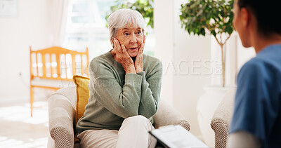 Buy stock photo Stress, old woman and nurse with checkup in home for test results, cancer diagnosis or feedback. Caregiver, senior patient or anxiety in retirement for bad news, terminal illness or health discussion