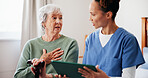 Old woman, cane and nurse with tablet on bed for wellness checkup, medical update and discussion. Retirement home, senior patient with disability and caregiver with tech for test results and feedback