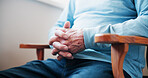 Hands, mental health and senior man in home with anxiety, stress or hope for loneliness. Depression, worry and elderly male person in retirement with concern for medical diagnosis in apartment.