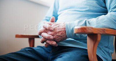 Buy stock photo Hands, mental health and senior man in home with anxiety, decision or hope for loneliness. Choice, thinking and elderly male person in retirement with reflection, nostalgia or waiting in apartment.
