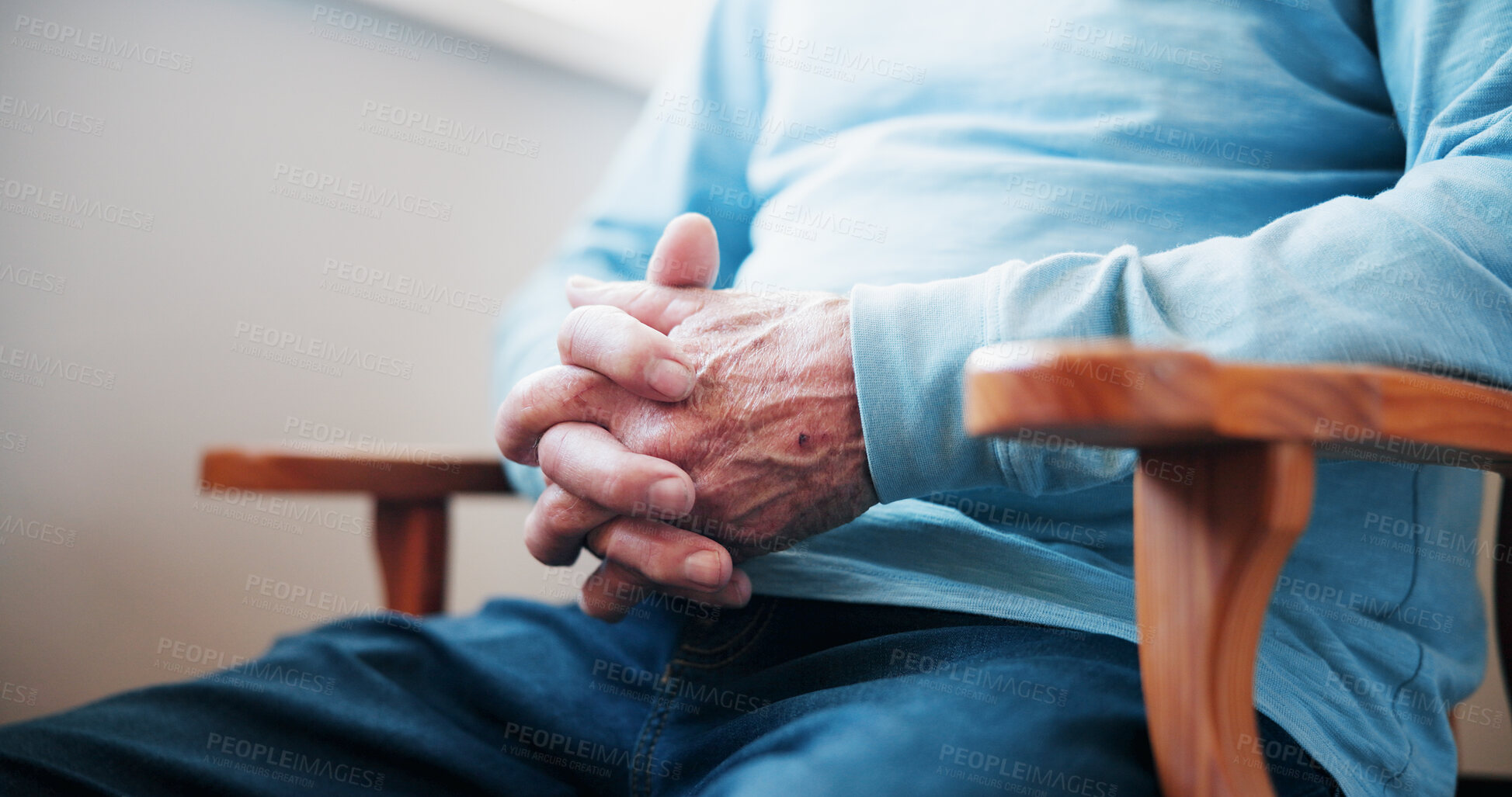 Buy stock photo Hands, mental health and senior man in home with anxiety, decision or hope for loneliness. Choice, thinking and elderly male person in retirement with reflection, nostalgia or waiting in apartment.