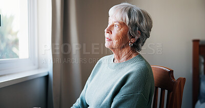Buy stock photo Thinking, window and senior woman in home for memory, reflection or nostalgia with depression. Sad, planning and elderly female person in retirement with ideas, decision or choice in apartment.
