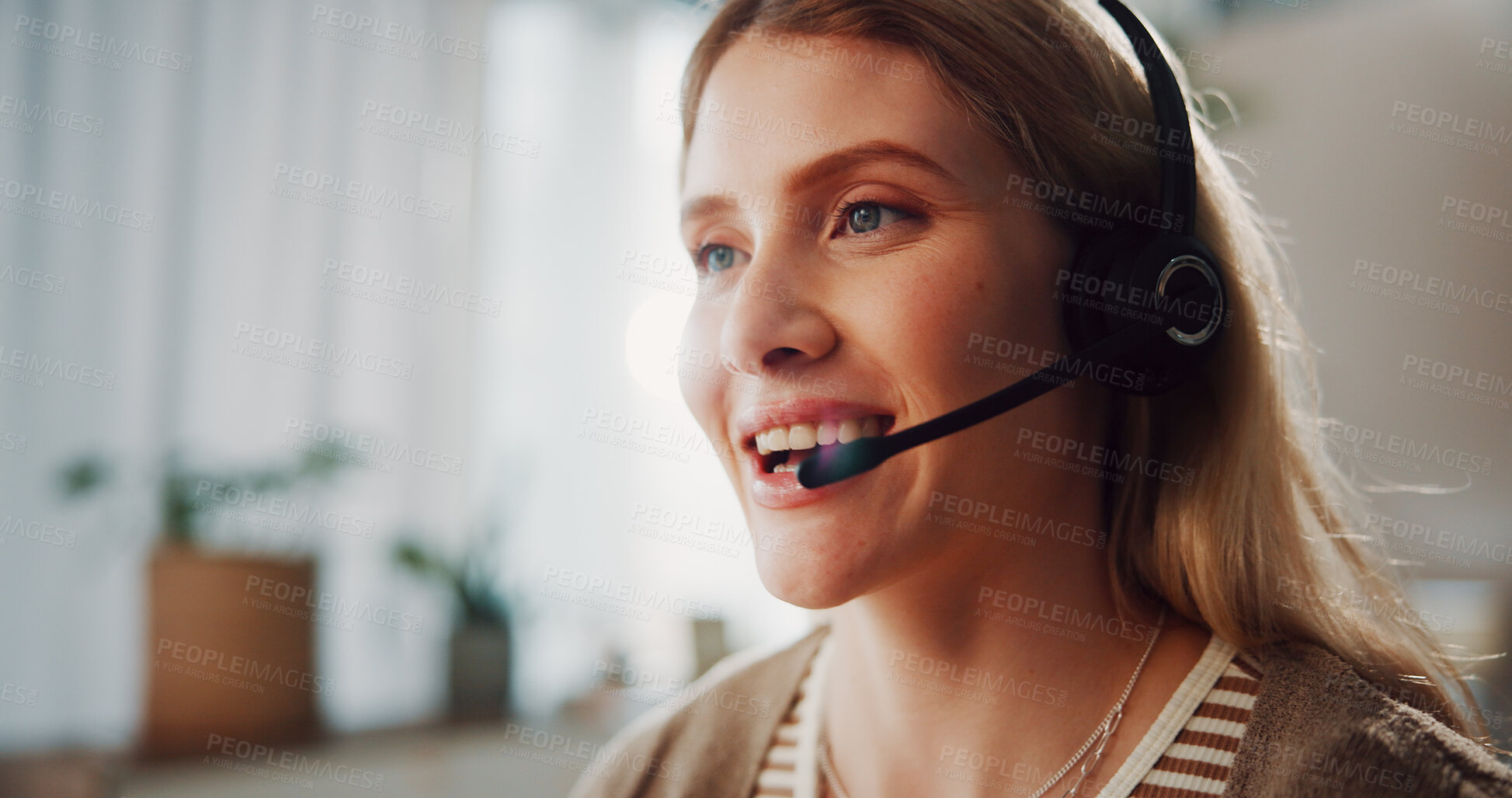 Buy stock photo Woman, remote work and headset for consultation at house for customer service, crm and assistance. Smile, female person and mic for technical support, helping client and representative for inquiry