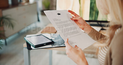 Buy stock photo Letter, college and hands in house with admission, congratulations and acceptance for academic course. Reading, offer and woman in home with paper, education result and news on university report.