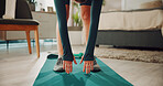 Hands, legs and stretching with woman in bedroom of home for start of self care or training routine. Balance, exercise and fitness with person in apartment for health, wellness or workout session