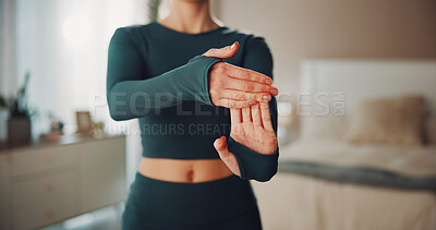 Buy stock photo Fitness, hands and stretching with woman in bedroom of home for start of training routine. Exercise, palm and warm up with person closeup in apartment, getting ready for wellness or workout session
