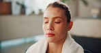Breathing, yoga and calm with woman in home for meditation, chakra and fitness. Balance, zen and wellness with person in living room of apartment for spiritual awareness, holistic healing and health