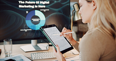 Buy stock photo Computer screen, reading or woman with tablet at desk, marketing contract or campaign performance chart. Review info, tech or brand manager check for client expectations, promotion scope or stylus