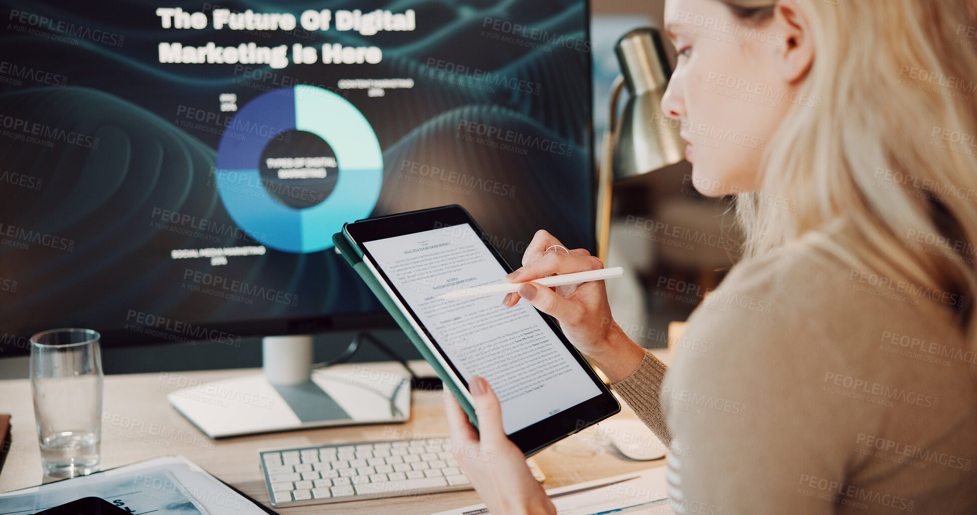 Buy stock photo Computer screen, reading or woman with tablet at desk, marketing contract or campaign performance chart. Review info, tech or brand manager check for client expectations, promotion scope or stylus