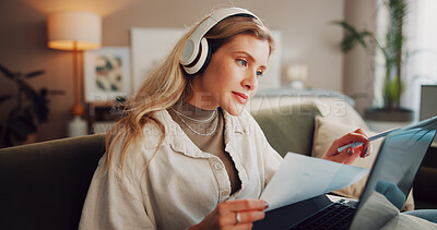 Buy stock photo Laptop, paperwork or woman with headphones for remote work, reading cv or screening online for hiring. Recruiting, streaming music or talent scout review resume for candidate selection, tech or home