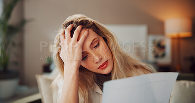 Buy stock photo Finance, woman and stress with paperwork in home for mortgage debt, financial crisis and inflation. Headache, person or worry with statement for house expenses, missed payment or overwhelmed by bills