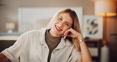 Buy stock photo Portrait, woman and relax in home with smile for free time, wellness and peaceful weekend break. Happy, female person and comfortable in apartment with positive mindset, optimism and rest on day off.
