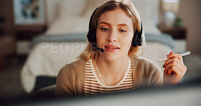 Buy stock photo Woman, remote work and headset with computer in home for customer service, crm and assistance. Female person, pc or reading script for technical support, helping client and representative for inquiry