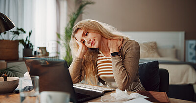 Buy stock photo Woman, laptop and frustrated with stress in home for project deadline, burnout or bored. Tired, female person and remote work with headache on tech for creative pressure, strain or overworked mistake