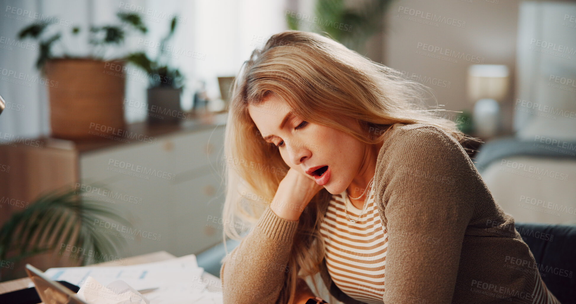 Buy stock photo Woman, laptop and yawn with stress in home for project deadline, burnout or bored. Tired, female person and remote work with headache on tech for creative pressure, strain or overworked mistake