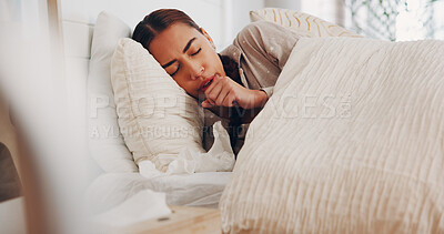 Buy stock photo Illness, fever and woman with cough in bed from flu recovery, viral infection and lung disease. Rest, sick person and influenza in house with bronchitis, health condition or postnasal drip in bedroom